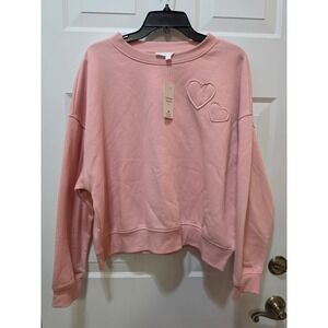 NWT Pink Rose Embossed Heart Fleece Crewneck Sweatshirt Pink Women's XL